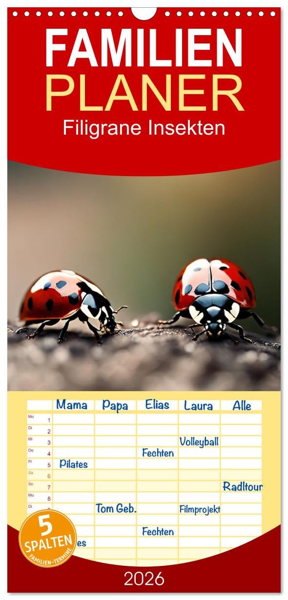 Familienplaner 2026 - Filigrane Insekten mit 5 Spalten (Wandkalender, 21 cm x 45 cm), CALVENDO Natural Sciences