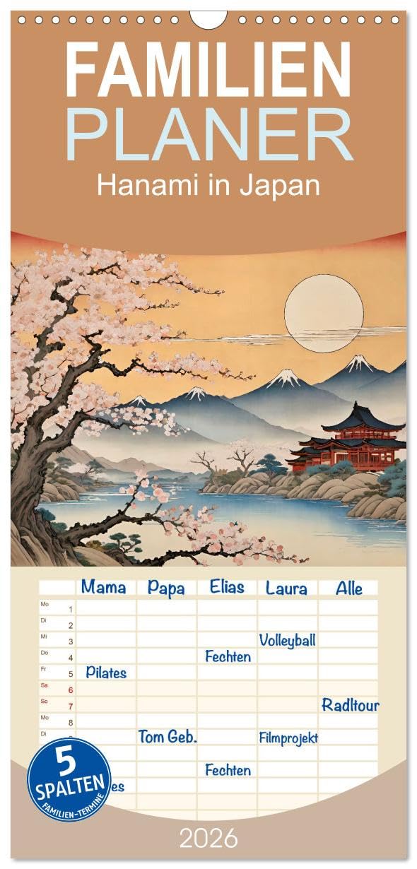 Familienplaner 2026 - Hanami in Japan mit 5 Spalten (Wandkalender, 21 cm x 45 cm), CALVENDO Film, Art & Culture