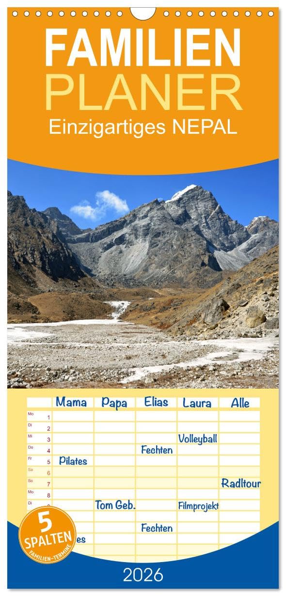Familienplaner 2026 - Einzigartiges NEPAL mit 5 Spalten (Wandkalender, 21 cm x 45 cm), CALVENDO Leisure, Home & Garden