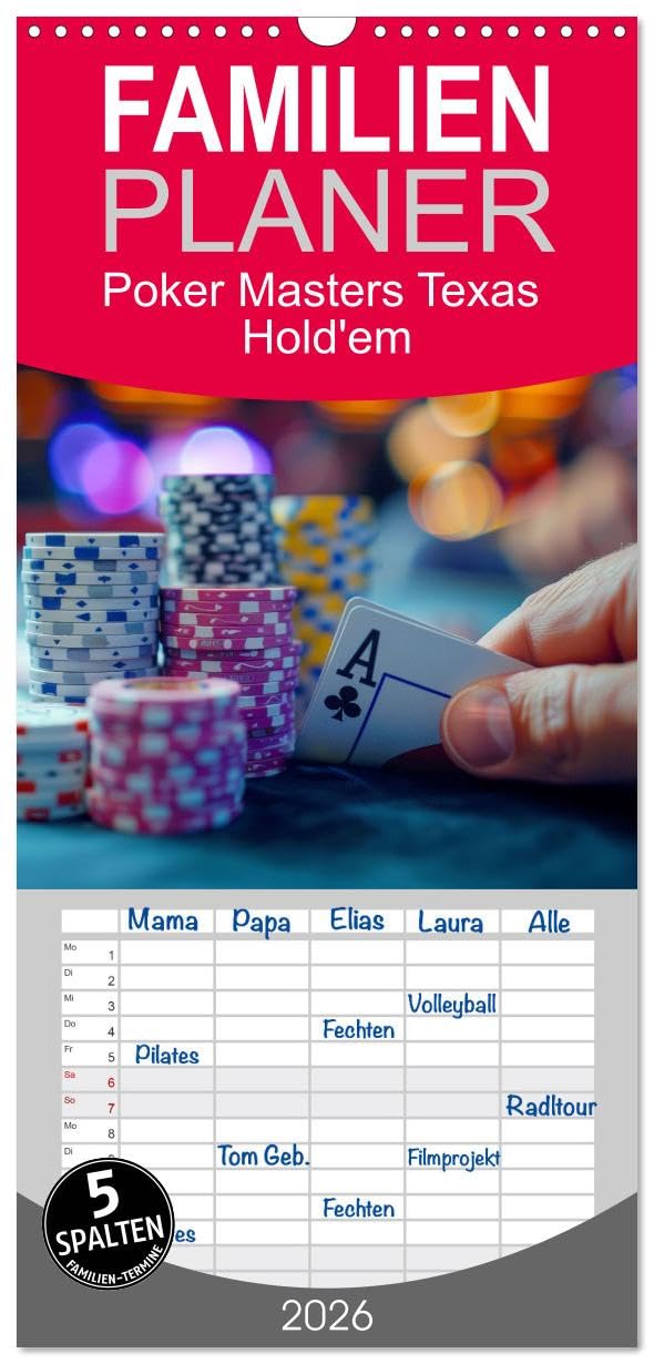 Familienplaner 2026 - Poker Masters Texas Hold'em mit 5 Spalten (Wandkalender, 21 cm x 45 cm), CALVENDO Social Sciences