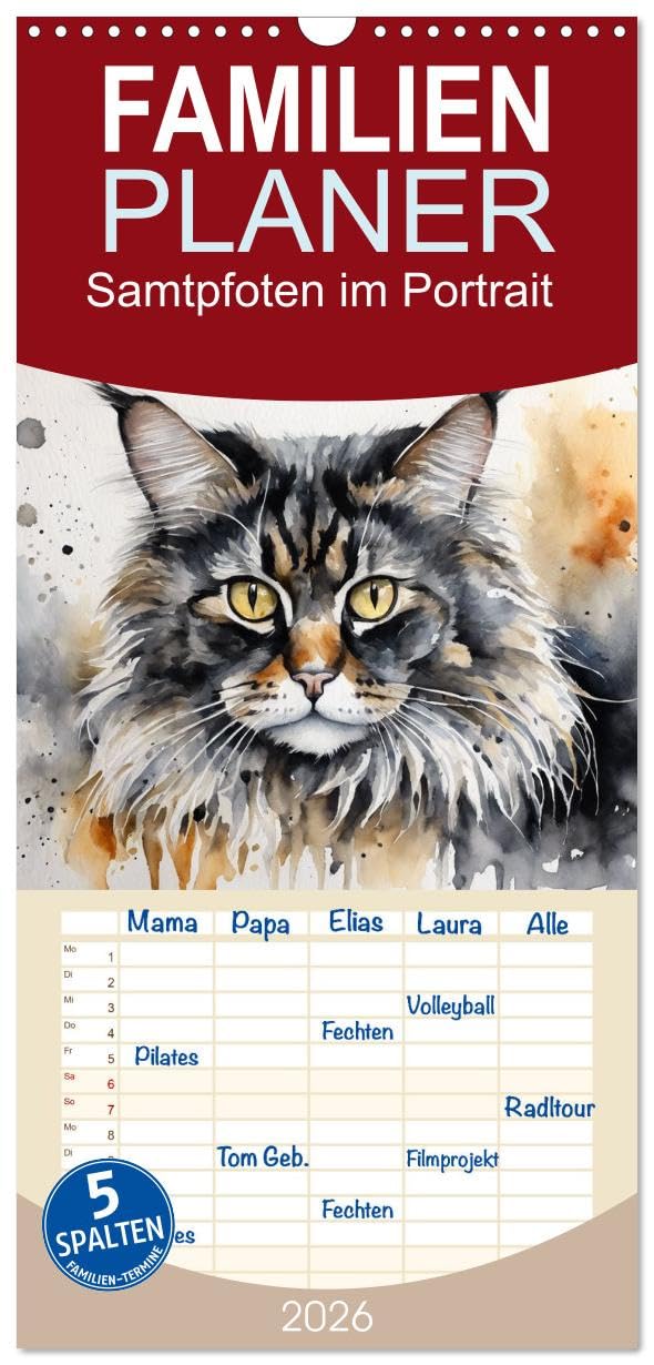 Familienplaner 2026 - Samtpfoten im Portrait mit 5 Spalten (Wandkalender, 21 cm x 45 cm), CALVENDO Natural Sciences