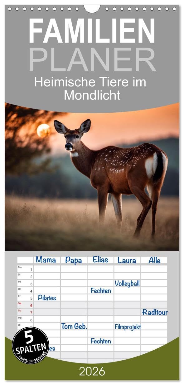 Familienplaner 2026 - Heimische Tiere im Mondlicht mit 5 Spalten (Wandkalender, 21 cm x 45 cm), CALVENDO Natural Sciences
