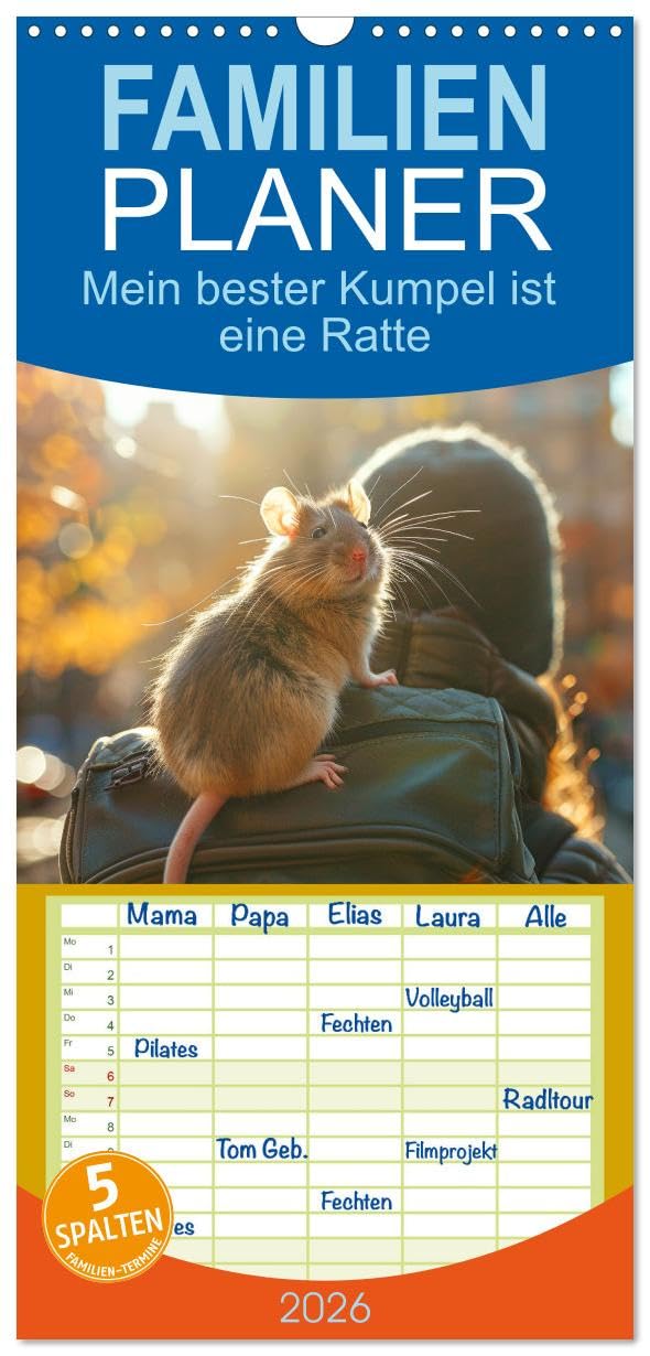 Familienplaner 2026 - Mein bester Kumpel ist eine Ratte mit 5 Spalten (Wandkalender, 21 cm x 45 cm), CALVENDO Film, Art & Culture