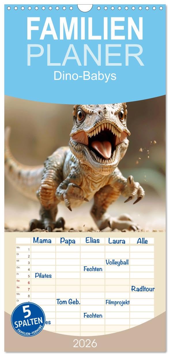 Familienplaner 2026 - Dino-Babys mit 5 Spalten (Wandkalender, 21 cm x 45 cm), CALVENDO Film, Art & Culture