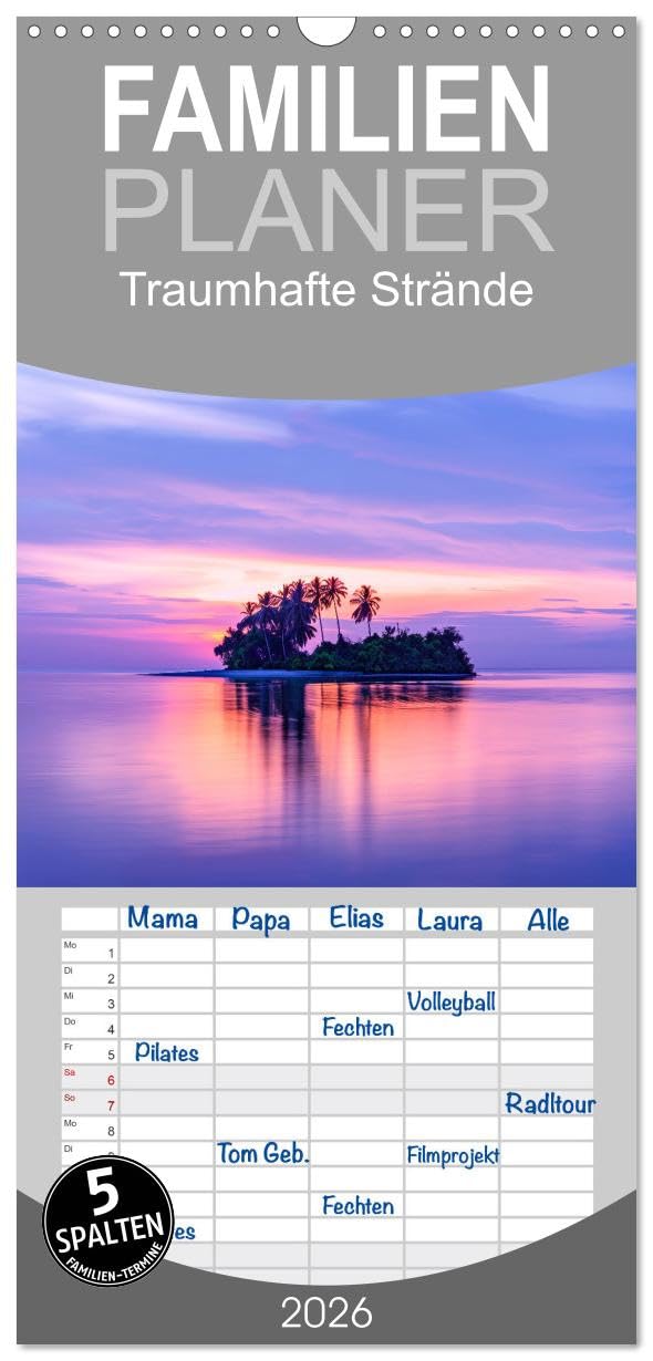 Familienplaner 2026 - Traumhafte Strände mit 5 Spalten (Wandkalender, 21 x 45 cm) CALVENDO: Von endlosen Küstenlinien über sanft geschwungene Buchten ... gleichermaßen. (CALVENDO Natur) Lifestyle