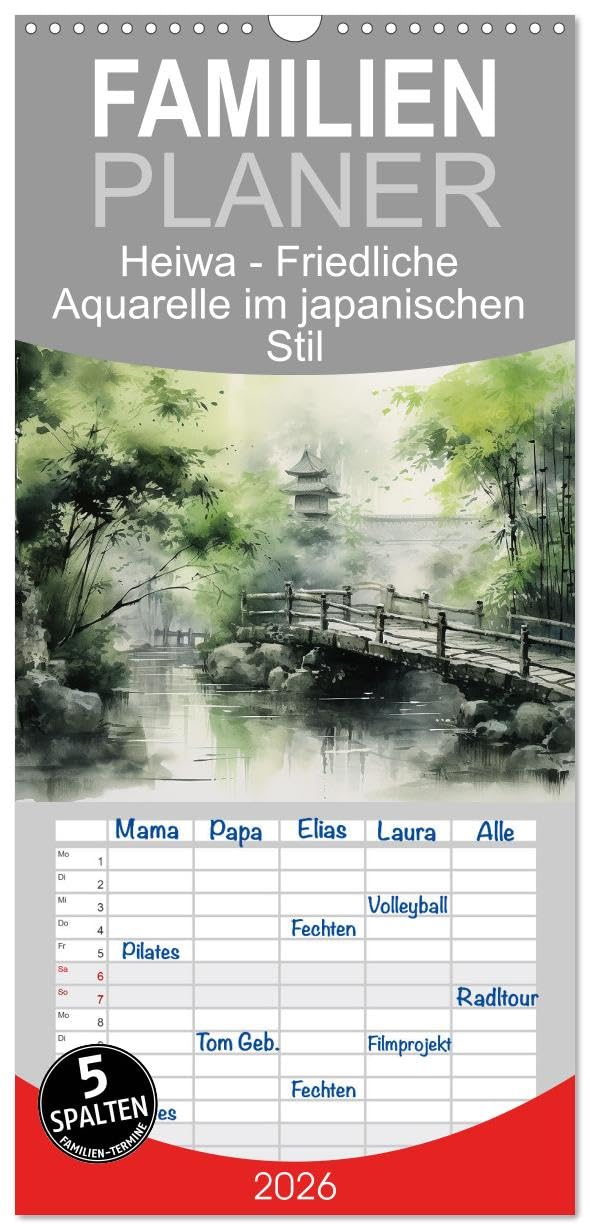 Familienplaner 2026 - Heiwa - Friedliche Aquarelle im japanischen Stil mit 5 Spalten (Wandkalender, 21 cm x 45 cm), CALVENDO Social Sciences