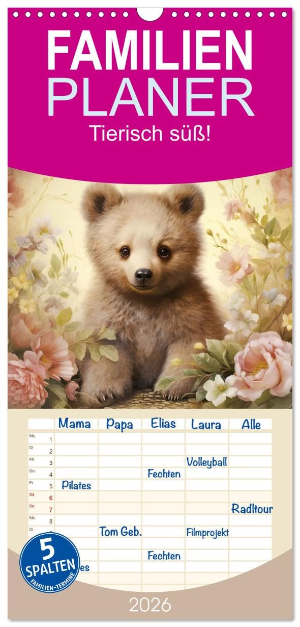 Familienplaner 2026 - Tierisch süß! mit 5 Spalten (Wandkalender, 21 cm x 45 cm), CALVENDO Living & Furnishing