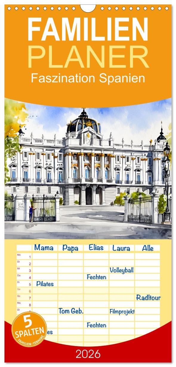 Familienplaner 2026 - Faszination Spanien mit 5 Spalten (Wandkalender, 21 cm x 45 cm), CALVENDO Calendars