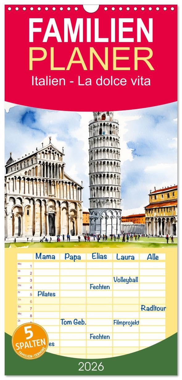 Familienplaner 2026 - Italien - La dolce vita mit 5 Spalten (Wandkalender, 21 cm x 45 cm), CALVENDO Calendars