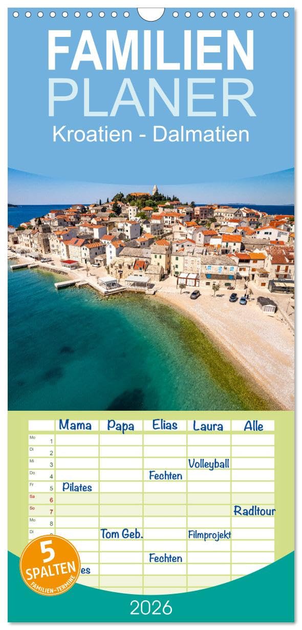 Familienplaner 2026 - Kroatien - Dalmatien mit 5 Spalten (Wandkalender, 21 cm x 45 cm), CALVENDO Leisure, Home & Garden