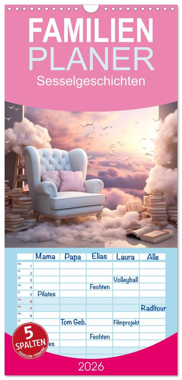 Familienplaner 2026 - Sesselgeschichten mit 5 Spalten (Wandkalender, 21 cm x 45 cm), CALVENDO Leisure, Home & Garden