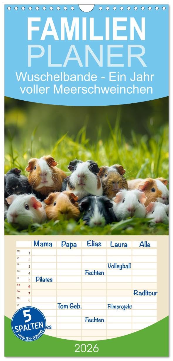 Familienplaner 2026 - Wuschelbande - Ein Jahr voller Meerschweinchen mit 5 Spalten (Wandkalender, 21 cm x 45 cm), CALVENDO Natural Sciences