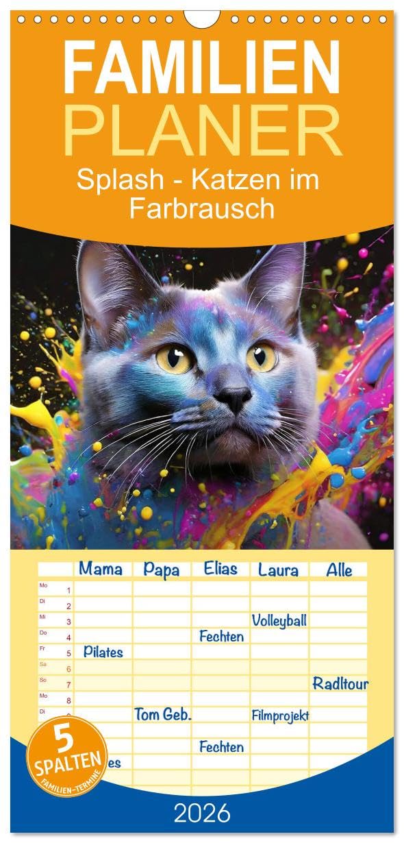 Familienplaner 2026 - Splash - Katzen im Farbrausch mit 5 Spalten (Wandkalender, 21 cm x 45 cm), CALVENDO Pets