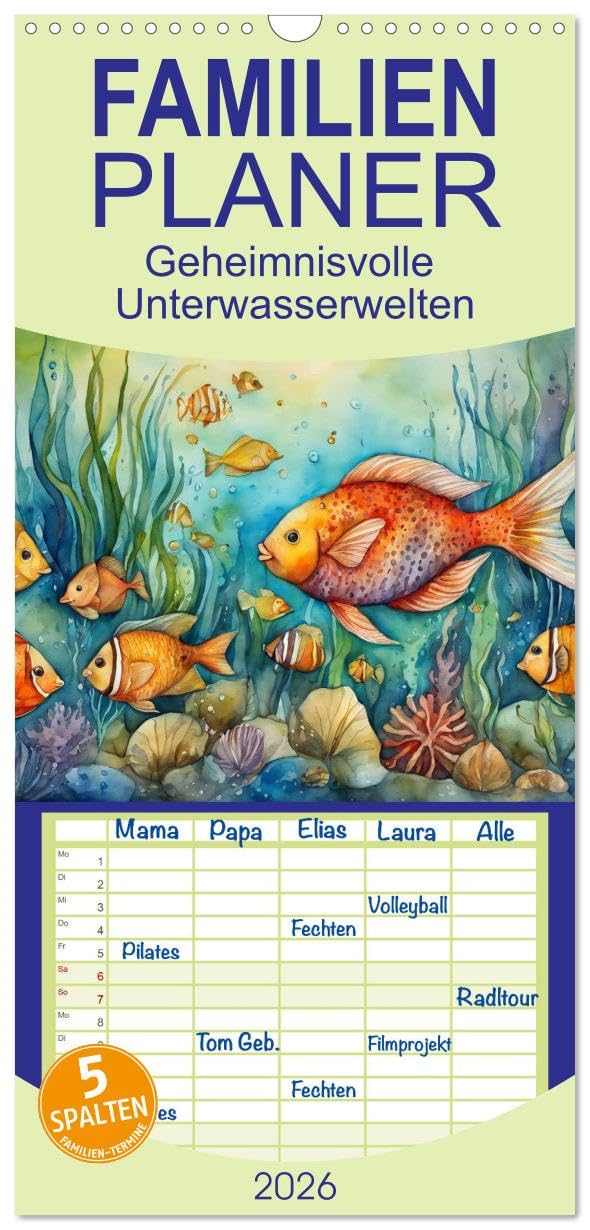 Familienplaner 2026 - Geheimnisvolle Unterwasserwelten mit 5 Spalten (Wandkalender, 21 cm x 45 cm), CALVENDO Natural Sciences