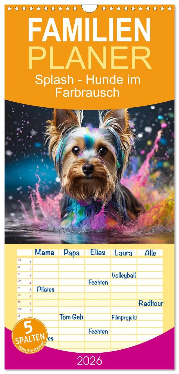 Familienplaner 2026 - Splash - Hunde im Farbrausch mit 5 Spalten (Wandkalender, 21 cm x 45 cm), CALVENDO Living & Furnishing