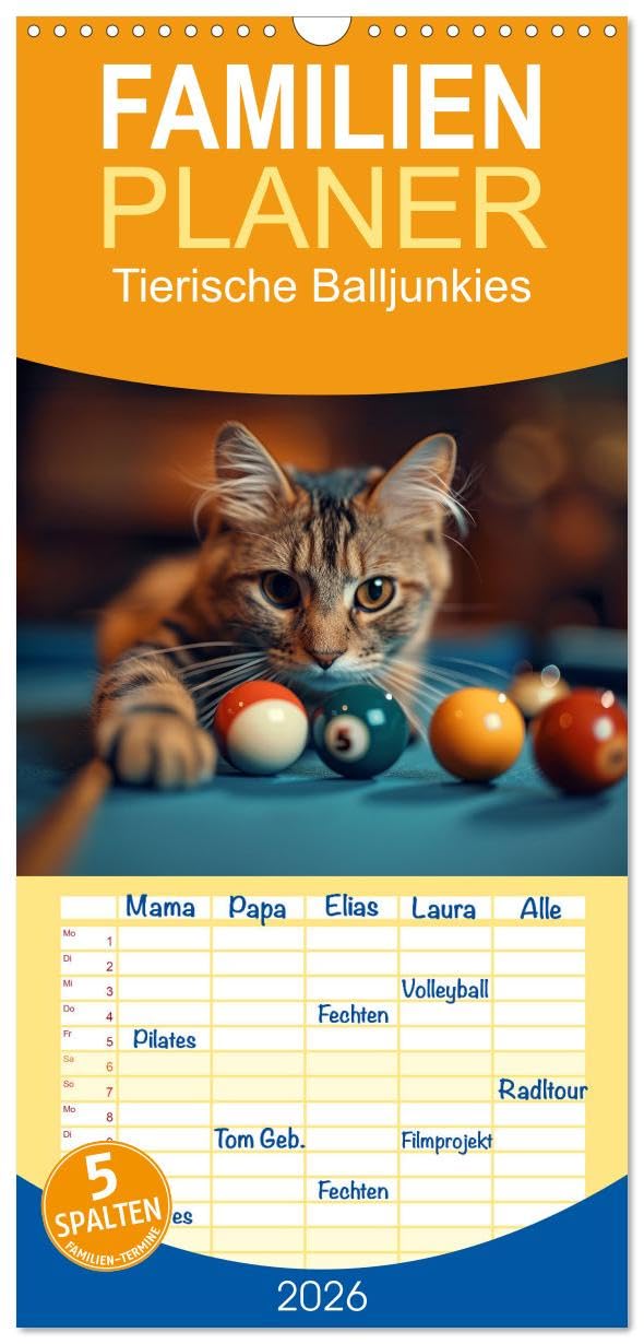 Familienplaner 2026 - Tierische Balljunkies mit 5 Spalten (Wandkalender, 21 cm x 45 cm), CALVENDO Social Sciences