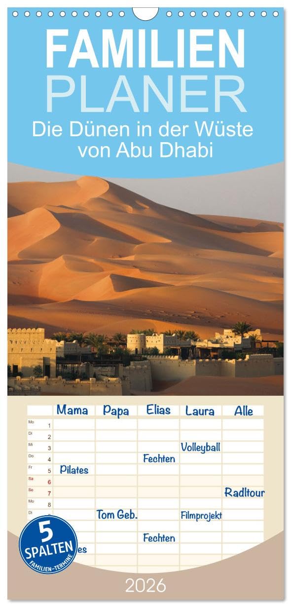 Familienplaner 2026 - Die Dünen in der Wüste von Abu Dhabi mit 5 Spalten (Wandkalender, 21 cm x 45 cm), CALVENDO Leisure, Home & Garden
