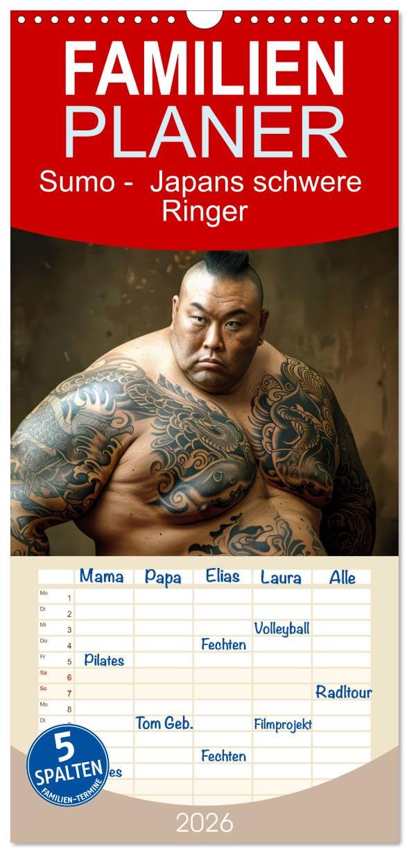Familienplaner 2026 - Sumo - Japans schwere Ringer mit 5 Spalten (Wandkalender, 21 cm x 45 cm), CALVENDO Film, Art & Culture