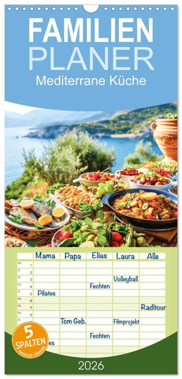 Familienplaner 2026 - Mediterrane Küche mit 5 Spalten (Wandkalender, 21 cm x 45 cm), CALVENDO Sports