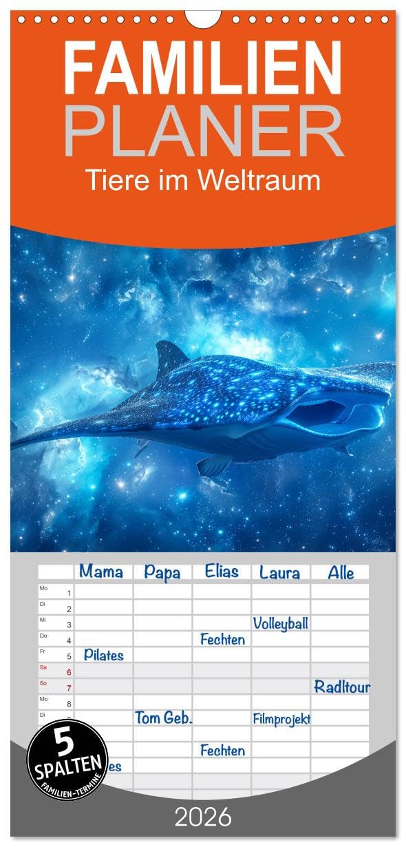 Familienplaner 2026 - Tiere im Weltraum mit 5 Spalten (Wandkalender, 21 cm x 45 cm), CALVENDO Pets