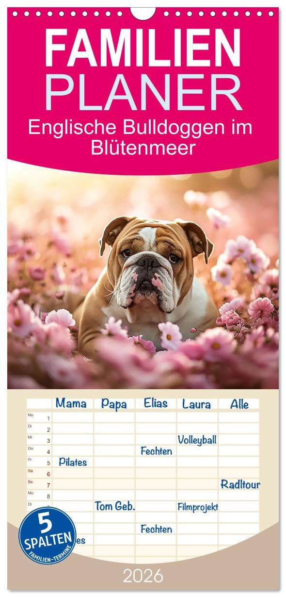 Familienplaner 2026 - Englische Bulldoggen im Blütenmeer mit 5 Spalten (Wandkalender, 21 cm x 45 cm), CALVENDO Living & Furnishing