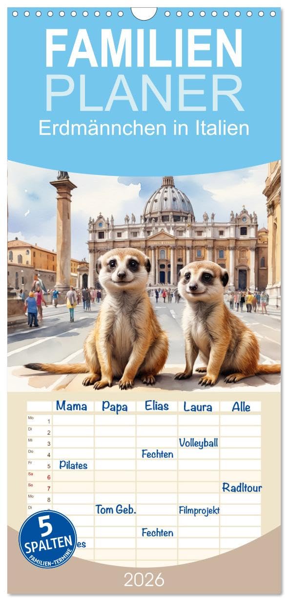 Familienplaner 2026 - Erdmännchen in Italien mit 5 Spalten (Wandkalender, 21 cm x 45 cm), CALVENDO Natural Sciences