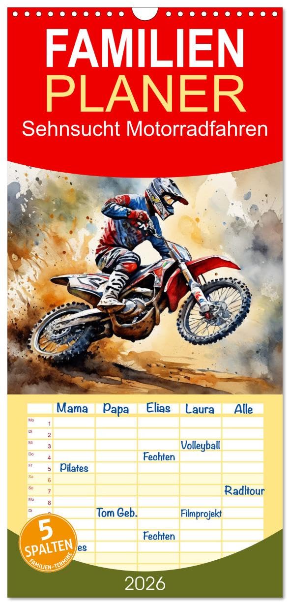 Familienplaner 2026 - Sehnsucht Motorradfahren mit 5 Spalten (Wandkalender, 21 cm x 45 cm), CALVENDO Leisure & Fun