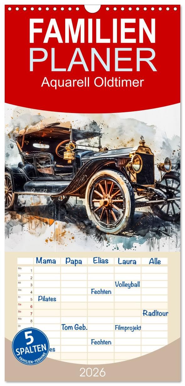 Familienplaner 2026 - Aquarell Oldtimer mit 5 Spalten (Wandkalender, 21 cm x 45 cm), CALVENDO Business & Technology