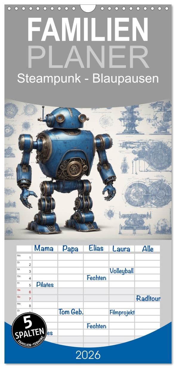Familienplaner 2026 - Steampunk - Blaupausen mit 5 Spalten (Wandkalender, 21 cm x 45 cm), CALVENDO Contemporary literature