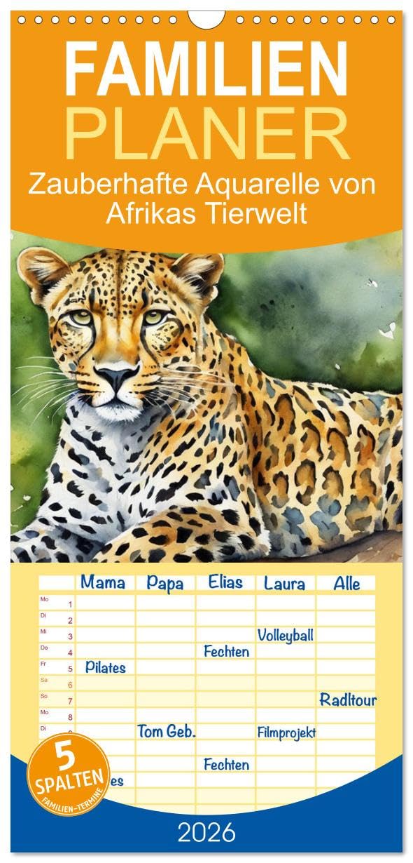Familienplaner 2026 - Zauberhafte Aquarelle von Afrikas Tierwelt mit 5 Spalten (Wandkalender, 21 cm x 45 cm), CALVENDO Natural Sciences