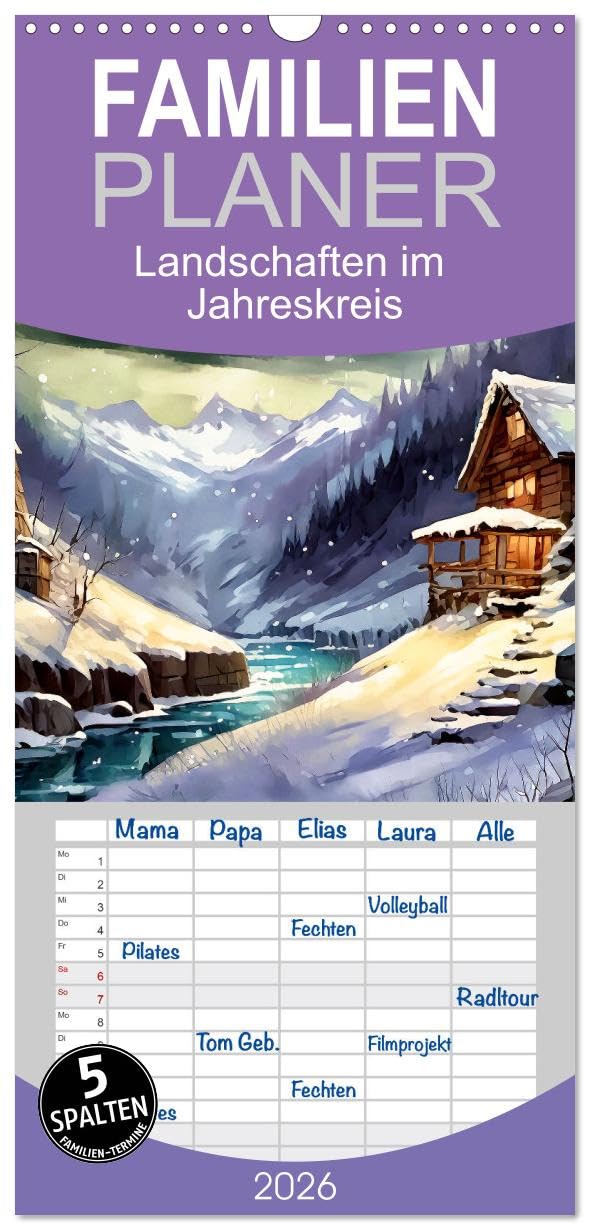 Familienplaner 2026 - Landschaften im Jahreskreis mit 5 Spalten (Wandkalender, 21 cm x 45 cm), CALVENDO Calendars
