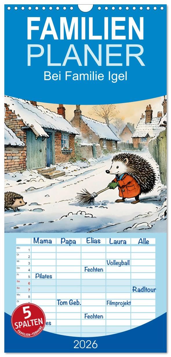 Familienplaner 2026 - Bei Familie Igel mit 5 Spalten (Wandkalender, 21 cm x 45 cm), CALVENDO Natural Sciences