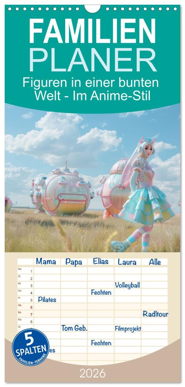 Familienplaner 2026 - Figuren in einer bunten Welt - Im Anime-Stil mit 5 Spalten (Wandkalender, 21 cm x 45 cm), CALVENDO Film, Art & Culture