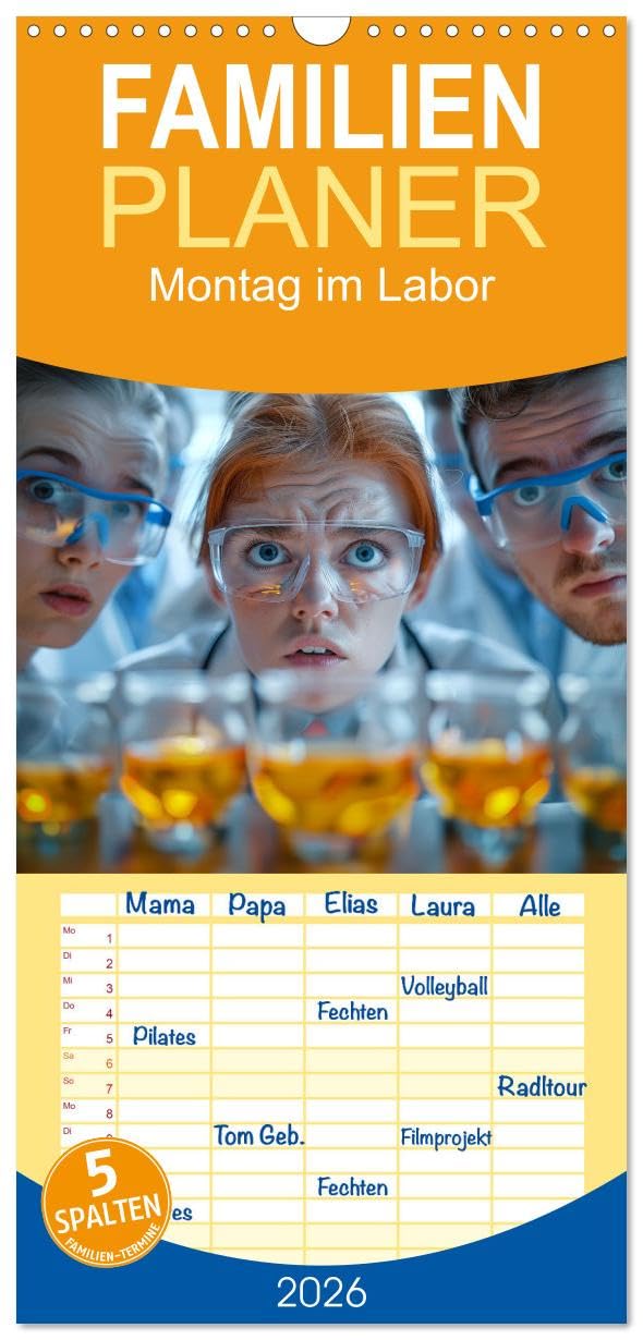 Familienplaner 2026 - Montag im Labor mit 5 Spalten (Wandkalender, 21 cm x 45 cm), CALVENDO General education