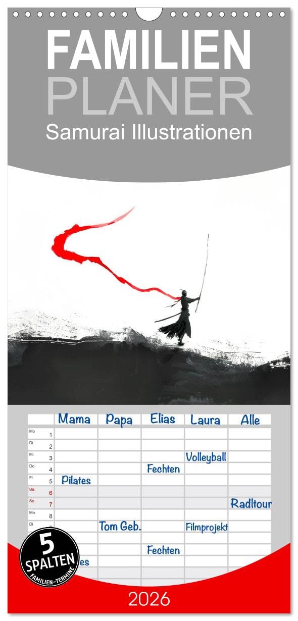 Familienplaner 2026 - Samurai Illustrationen mit 5 Spalten (Wandkalender, 21 cm x 45 cm), CALVENDO Business & Technology