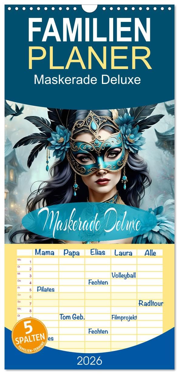 Familienplaner 2026 - Maskerade Deluxe mit 5 Spalten (Wandkalender, 21 cm x 45 cm), CALVENDO Social Sciences