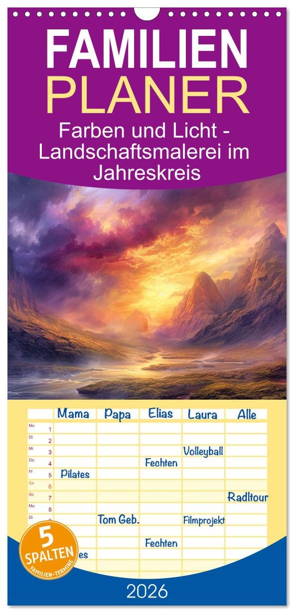 Familienplaner 2026 - Farben und Licht - Landschaftsmalerei im Jahreskreis mit 5 Spalten (Wandkalender, 21 cm x 45 cm), CALVENDO Film, Art & Culture