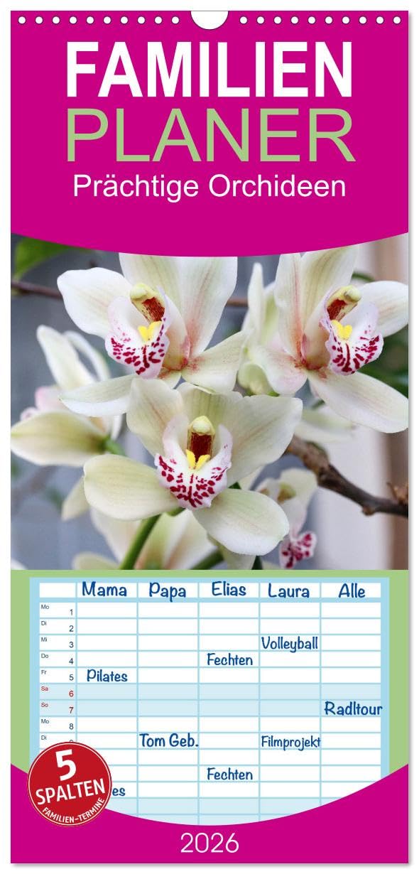 Familienplaner 2026 - Prächtige Orchideen mit 5 Spalten (Wandkalender, 21 cm x 45 cm), CALVENDO Leisure, Home & Garden