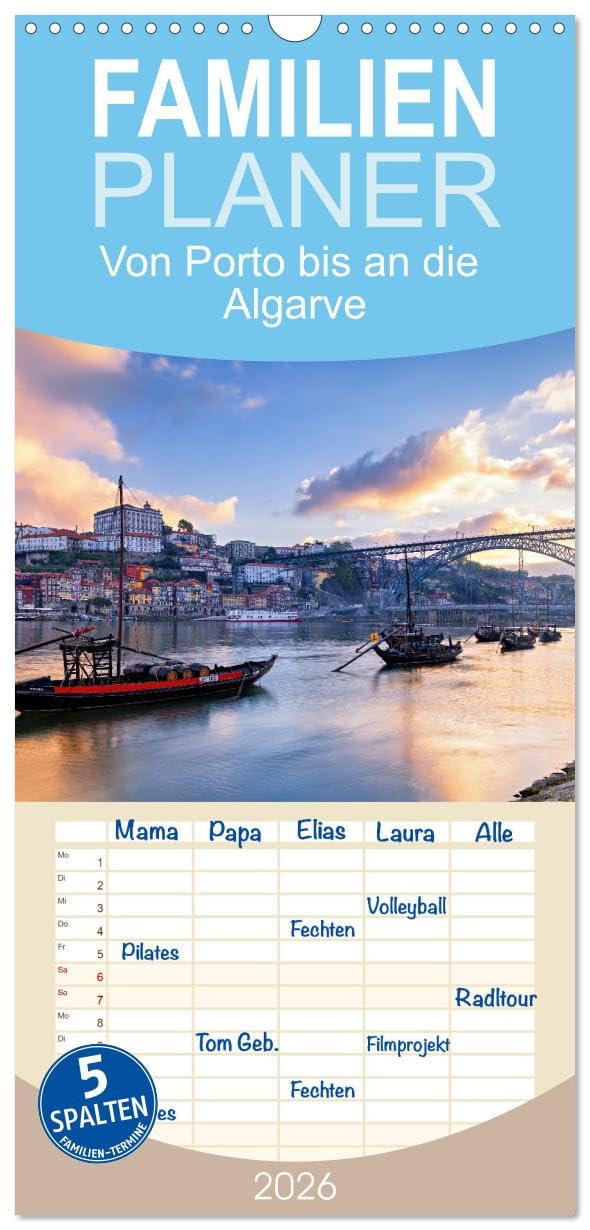 Familienplaner 2026 - Von Porto bis an die Algarve mit 5 Spalten (Wandkalender, 21 cm x 45 cm), CALVENDO Photography