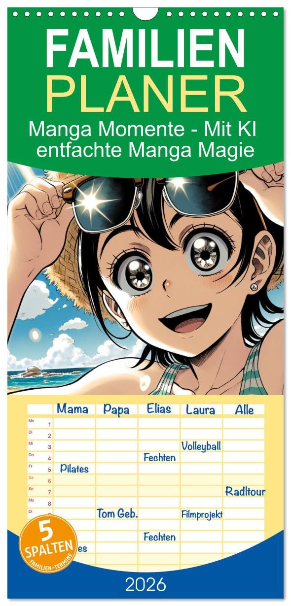 Familienplaner 2026 - Manga Momente - Mit KI entfachte Manga Magie mit 5 Spalten (Wandkalender, 21 cm x 45 cm), CALVENDO Manga