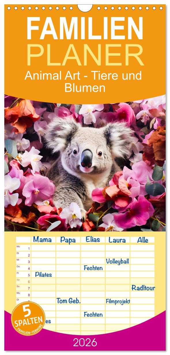 Familienplaner 2026 - Animal Art - Tiere und Blumen mit 5 Spalten (Wandkalender, 21 cm x 45 cm), CALVENDO Business & Technology