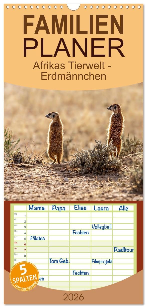 Familienplaner 2026 - Afrikas Tierwelt - Erdmännchen mit 5 Spalten (Wandkalender, 21 cm x 45 cm), CALVENDO Natural Sciences