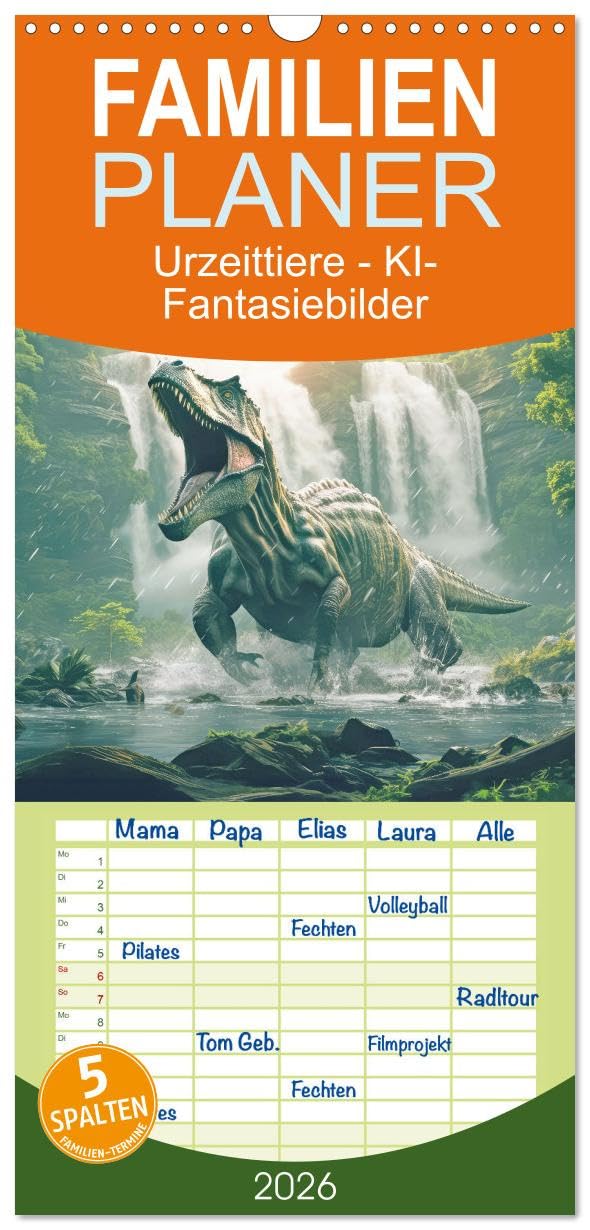 Familienplaner 2026 - Urzeittiere - KI-Fantasiebilder mit 5 Spalten (Wandkalender, 21 cm x 45 cm), CALVENDO Natural Sciences