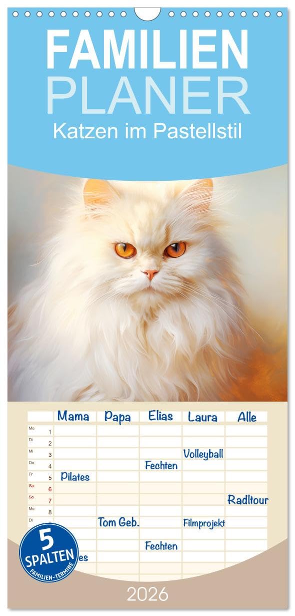 Familienplaner 2026 - Katzen im Pastellstil mit 5 Spalten (Wandkalender, 21 cm x 45 cm), CALVENDO Natural Sciences