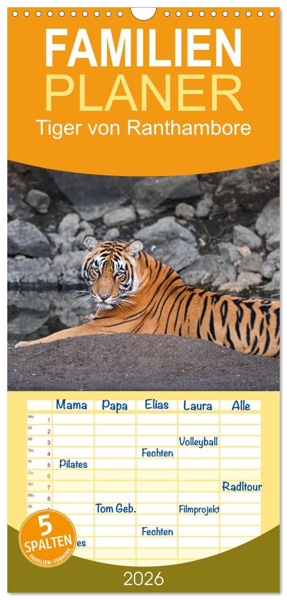 Familienplaner 2026 - Tiger von Ranthambore mit 5 Spalten (Wandkalender, 21 cm x 45 cm), CALVENDO Living & Furnishing