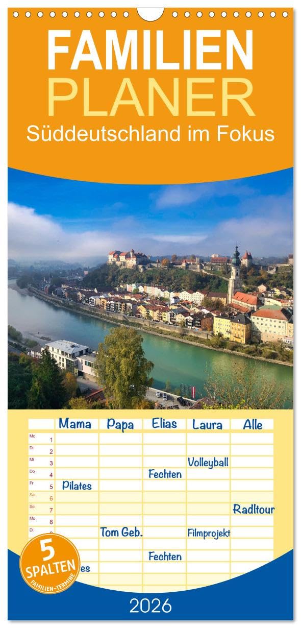 Familienplaner 2026 - Süddeutschland im Fokus mit 5 Spalten (Wandkalender, 21 cm x 45 cm), CALVENDO Calendars