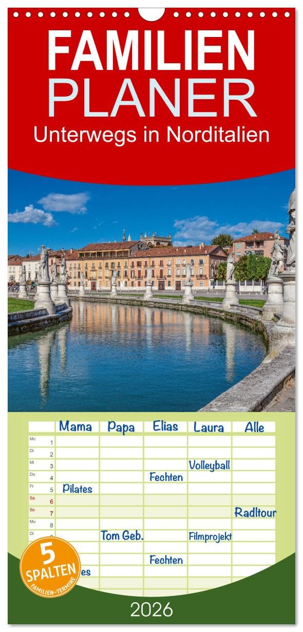 Familienplaner 2026 - Unterwegs in Norditalien mit 5 Spalten (Wandkalender, 21 cm x 45 cm), CALVENDO Leisure, Home & Garden