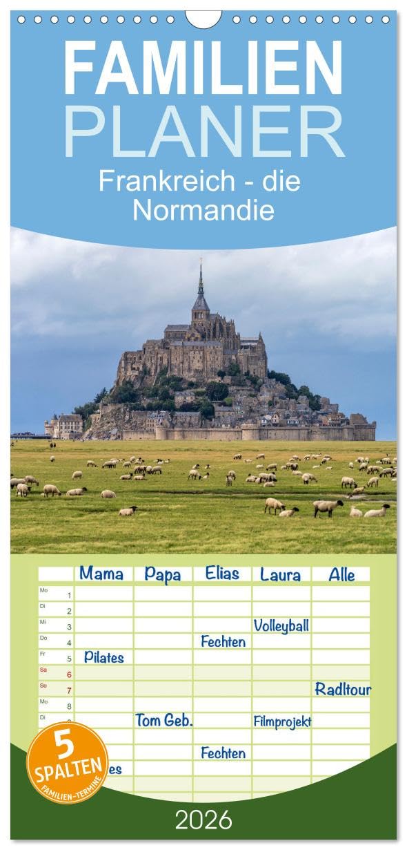 Familienplaner 2026 - Frankreich - die Normandie mit 5 Spalten (Wandkalender, 21 cm x 45 cm), CALVENDO Leisure, Home & Garden