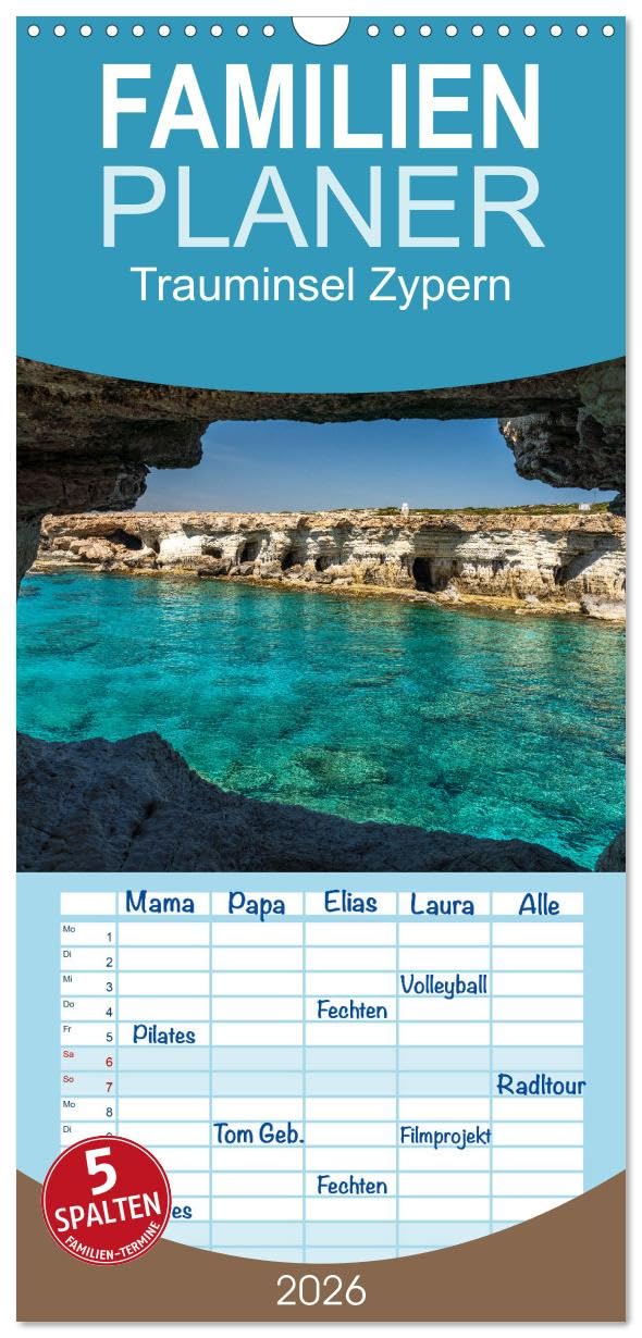 Familienplaner 2026 - Trauminsel Zypern mit 5 Spalten (Wandkalender, 21 cm x 45 cm), CALVENDO Leisure, Home & Garden