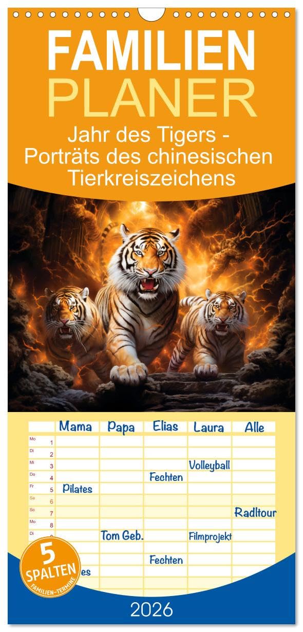 Familienplaner 2026 - Jahr des Tigers - Porträts des chinesischen Tierkreiszeichens mit 5 Spalten (Wandkalender, 21 cm x 45 cm), CALVENDO Calendars